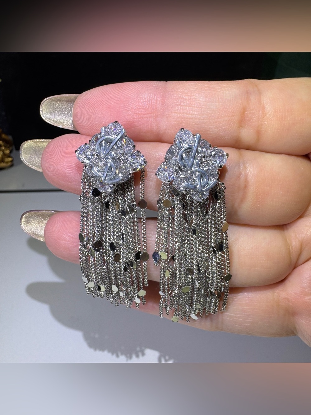 S925 Posts - Sparkling CZ Floral Tassel Chain Statement Earrings